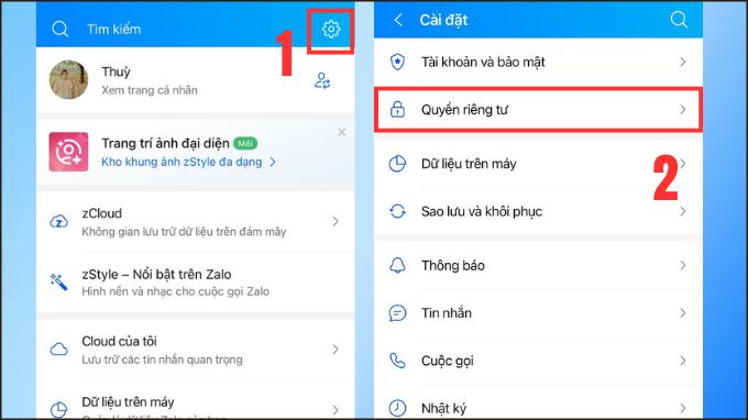 Vào mục cài đặt và Quyền riêng tư trên Zalo