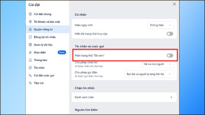 Tắt chế độ đã xem tin nhắn Zalo trên máy tính