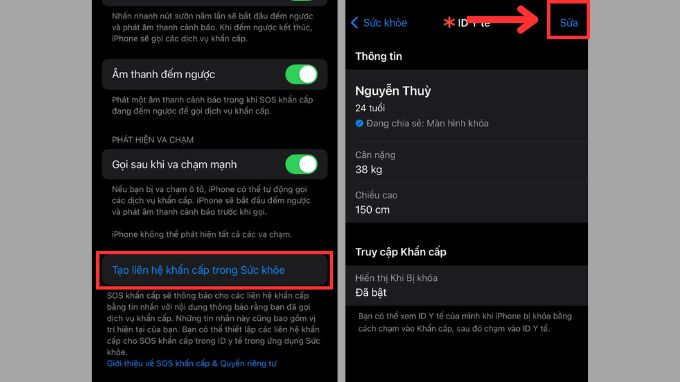 Tạo liên hệ khẩn cấp trong mục Sức khỏe