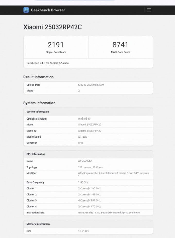 Điểm Geekbench của Xiaomi Pad 7 Ultra