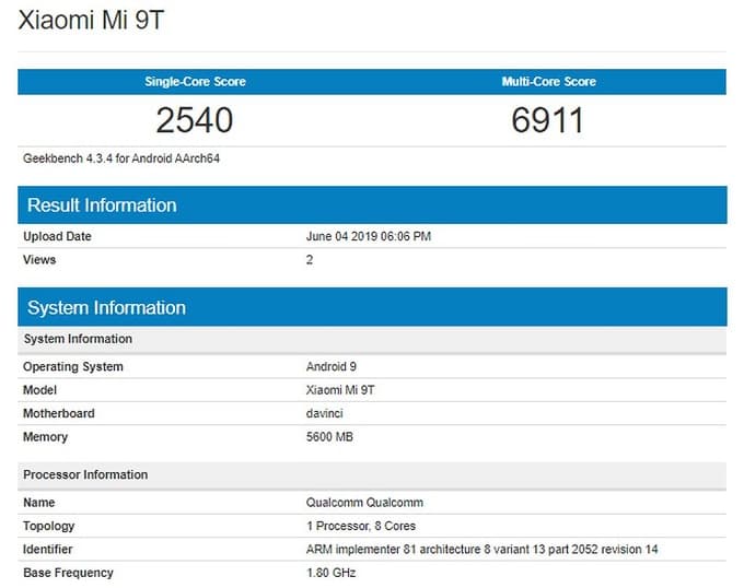 Cấu hình Mi 9T rò rỉ trên Geekbench