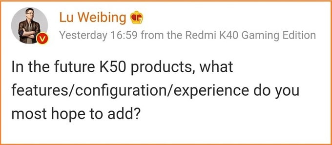 Tổng Giám đốc Redmi khảo sát người dùng về sản phẩm Redmi K50 trên weibo