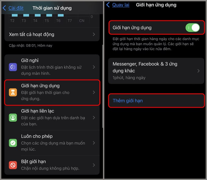 Chọn giới hạn ứng dụng để khóa ứng dụng trên iPhone 14