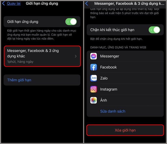 Chọn ứng dụng muốn xóa giới hạn trên iPhone 14