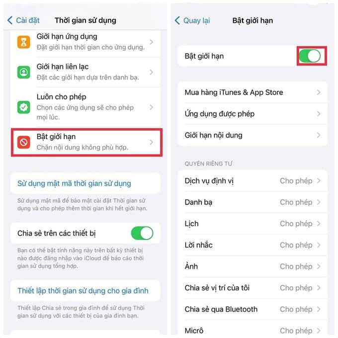 Nhấn chọn bật giới hạn
