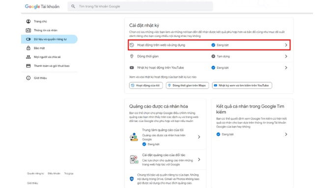 Bước 2 tắt tính năng nghe lén của Google trên máy tính