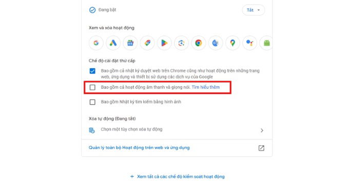 Bước 3 tắt tính năng nghe lén của Google trên máy tính