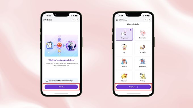 Nhấn vào lệnh Bắt đầu, chọn bộ sticker yêu thích rồi nhấn nút Tiếp tục
