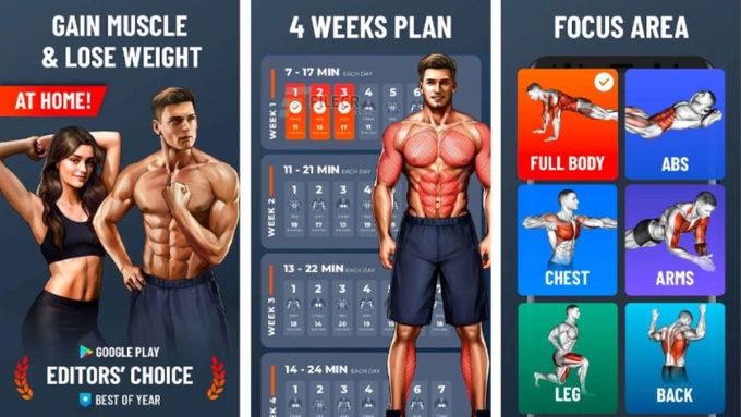 Home Workout - No Equipment là app tập luyện toàn thân không cần dụng cụ, tập trung vào các bài tập đơn giản cho người mới