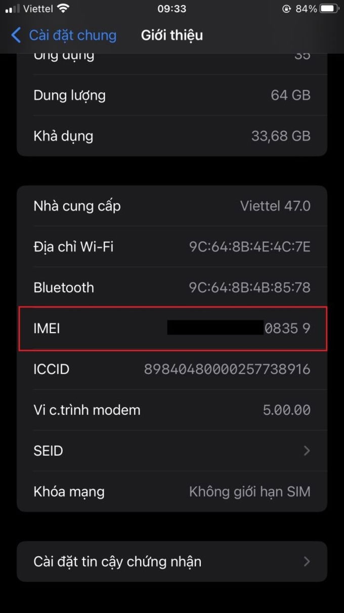 Kéo xuống phần IMEI để xem số IMEI của máy