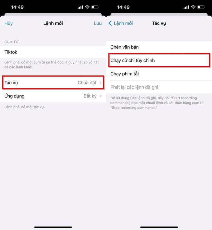 Nhấn chọn Tác vụ để tùy chọn cử chỉ
