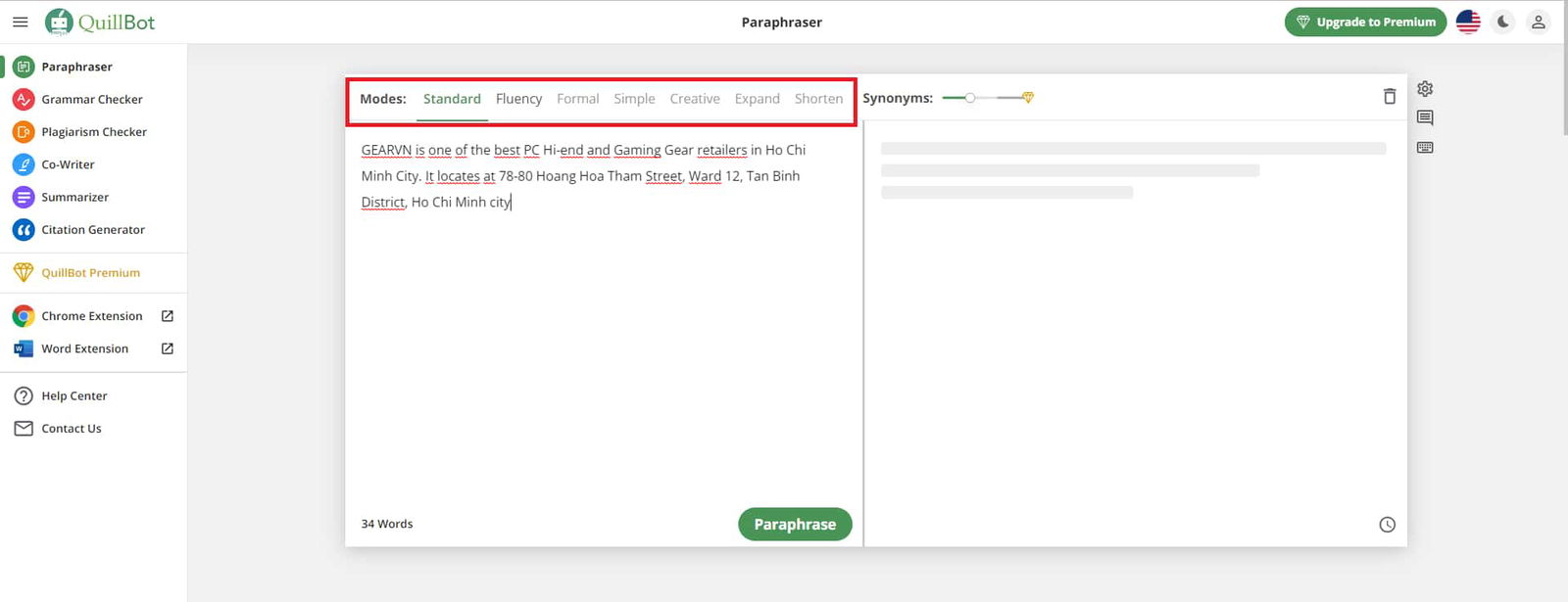 Hướng dẫn sử dụng Quillbot trên website