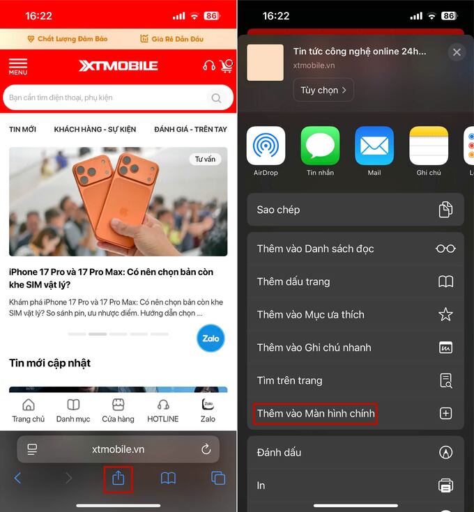 Nhấn biểu tượng chia sẻ và tìm tùy chọn Thêm vào Màn hình chính (Add to Home Screen)
