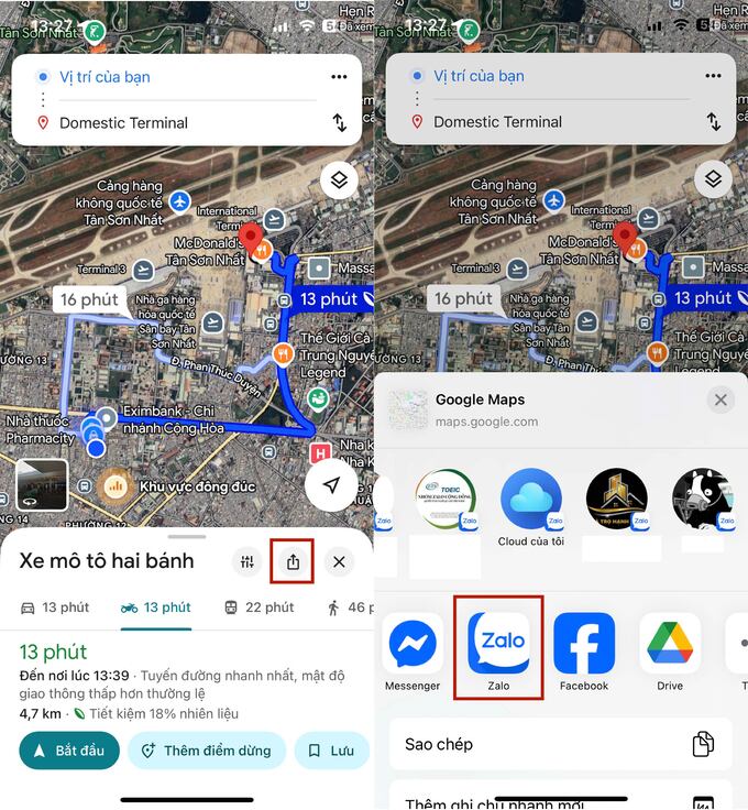 cách gửi vị trí trên Zalo bằng Google Maps
