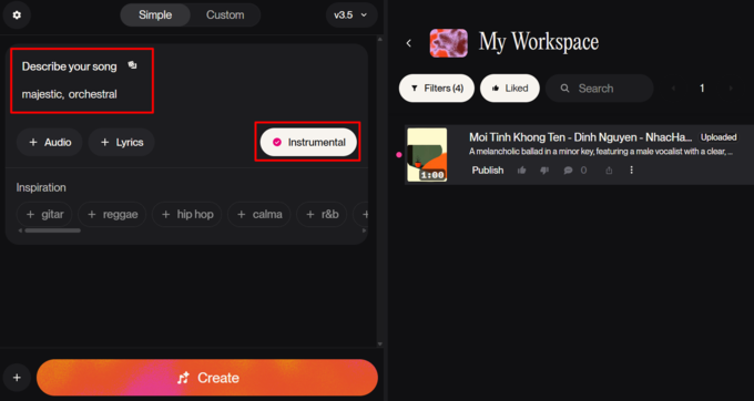 Chọn Instrumental để sử dụng phần hòa âm phối khí cho file nhạc
