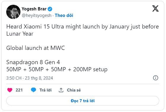 Hé lộ thời gian ra mắt Xiaomi 15 Ultra.