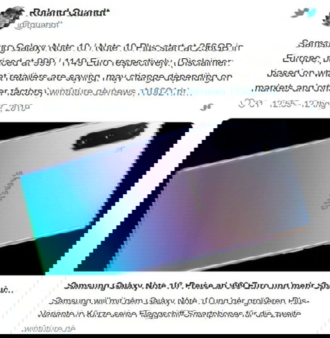 Giá bán Galaxy Note 10, Note 10 Plus rò rỉ