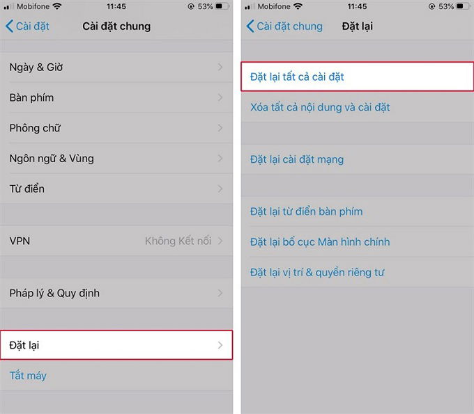 Đặt lại tất cả cài đặt ban đầu