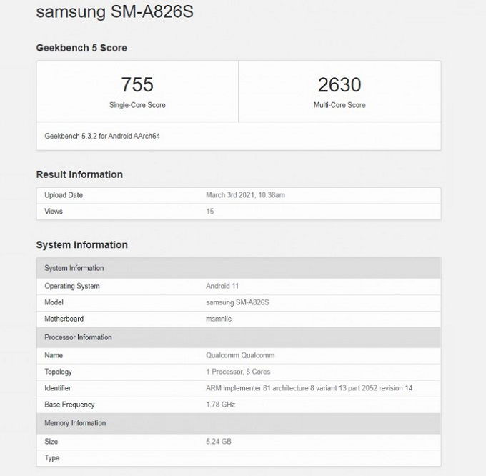 Galaxy A82 5G xuất hiện trên trang đo hiệu năng Geekbench với mã model là SM-A826S.