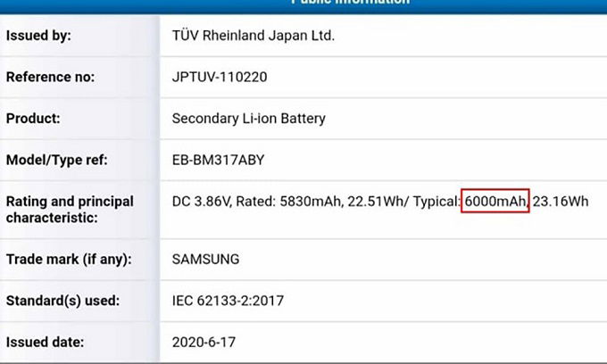Galaxy M31s sẽ có tên mã là EB-BM317ABY cùng viên pin có 007Win.com Số #1 Tặng 77K lên đến 6,000 mAh