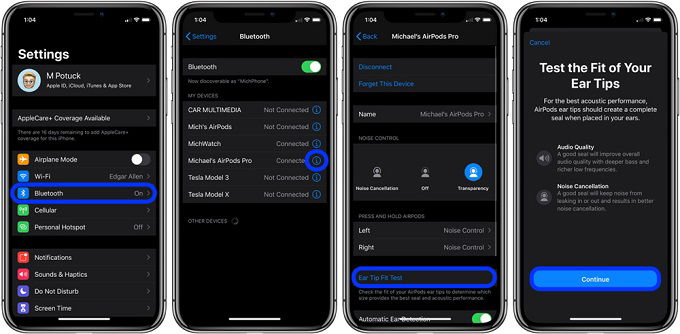 Truy cập ứng dụng Cài đặt (Settings) > Bluetooth, sau đó bấm nút hình chữ i nằm bên cạnh tên của AirPods Pro