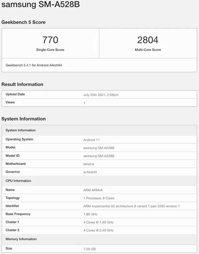 Cấu hình Galaxy A52s 5G lộ điểm sức mạnh trên Geekbench với chip Snapdragon chuyên game