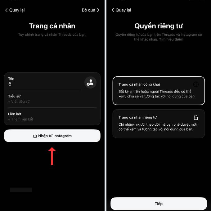Nhập thông tin và chọn quyền riêng tư cho Threads