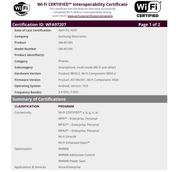 007Win nhà cái Galaxy A51 5G đạt chứng nhận Wi-Fi Alliance 