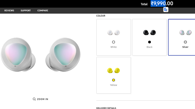Galaxy Buds màu bạc trên trang Web tại Ấn Độ