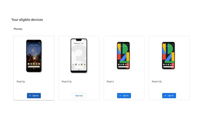 Giao diện chọn thiết bị có hỗ trợ Android 11 Beta