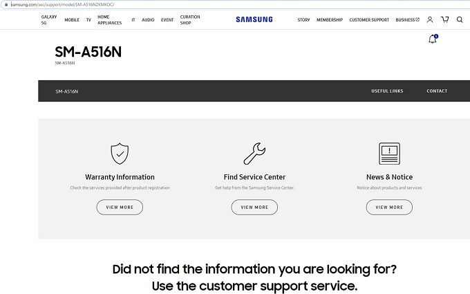 Trang hỗ trợ của Galaxy A51 5G