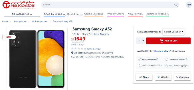 Hình ảnh Galaxy A52 trên trang bán hàng