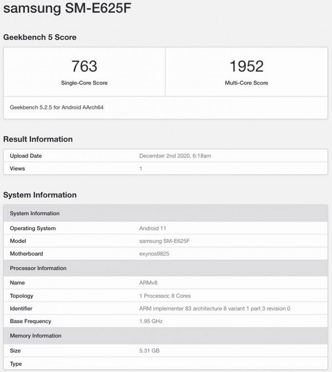 Điểm trên Geekbench của Galaxy F62