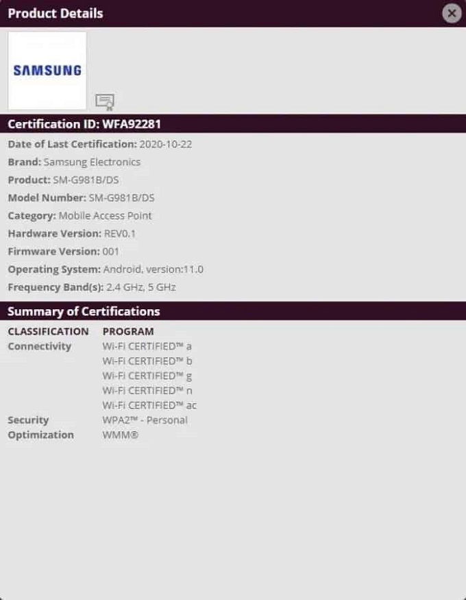 Chứng nhận của Galaxy S20 trên Wifi Alliance