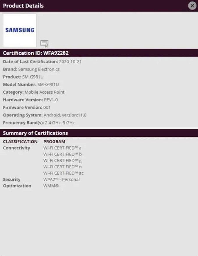 Chứng nhận của Galaxy S20 trên Wifi Alliance