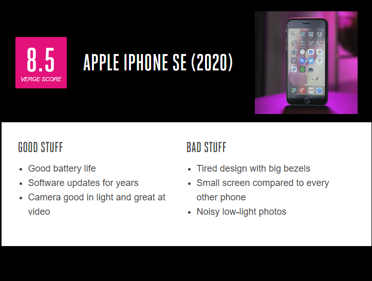 Trang Verge cho iPhone SE 2020 8,5 điểm trung bình