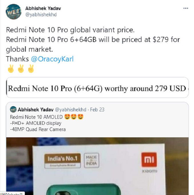 Tweet cho thấy giá Redmi Note 10 Pro
