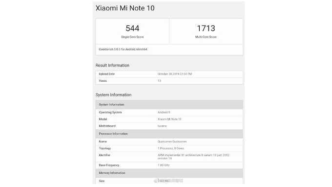 Danh sách thông số của Xiaomi Mi Note 19 trên Geekbench