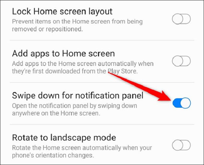 Gạt chọn Swipe Down for Notification Panel