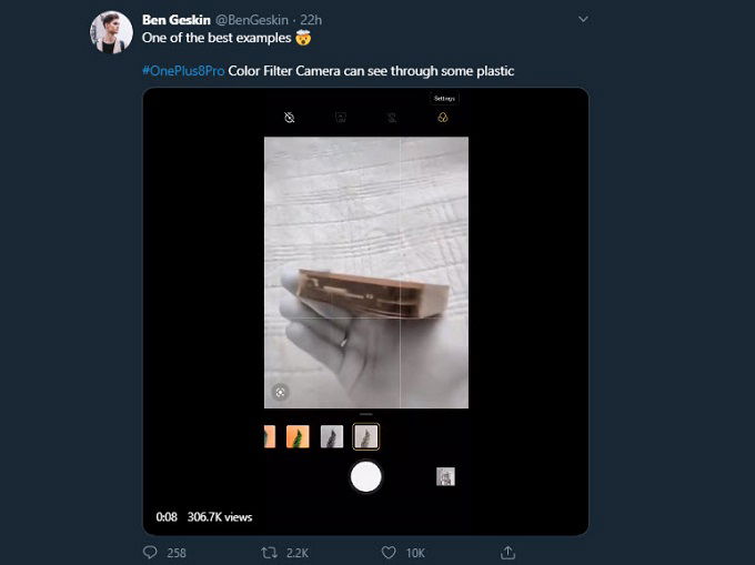 Camera OnePlus 8 Pro có thể nhìn xuyên đồ vật thông qua chế độ lọc màu 