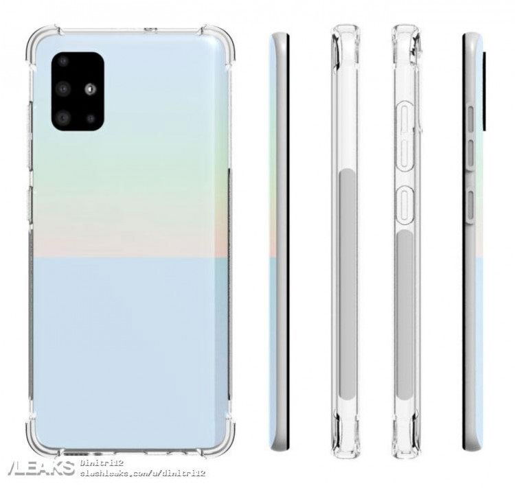 ốp lưng trong suốt hé lộ cụm camera sau của Galaxy A51 có 4 cảm biến được bố trí theo hình chữ L