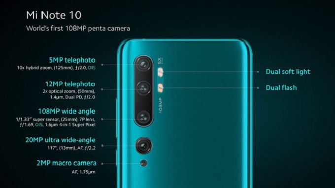 Mi Note 10 được trang bị cụm camera 5 ống kính sếp dọc ở mặt lưng