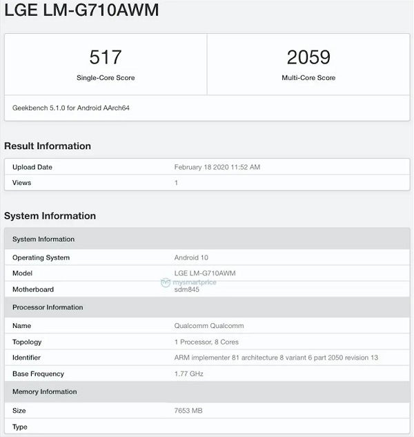 Không chỉ có LG V60 ThinQ xuất hiện trên Geekbench, mà lần này cũng có sự góp mặt của G7 ThinQ.