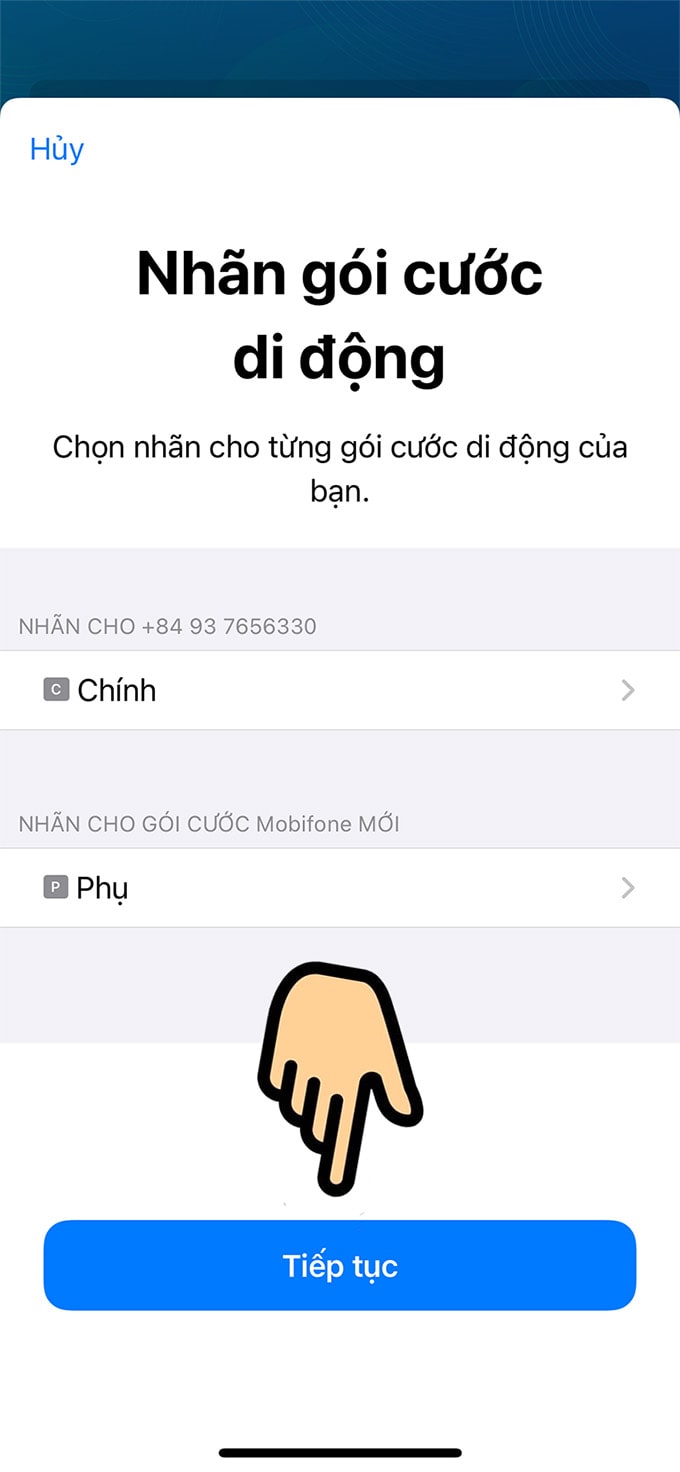 Nhãn gói di động (eSIM hoặc chính) → Tiếp tục