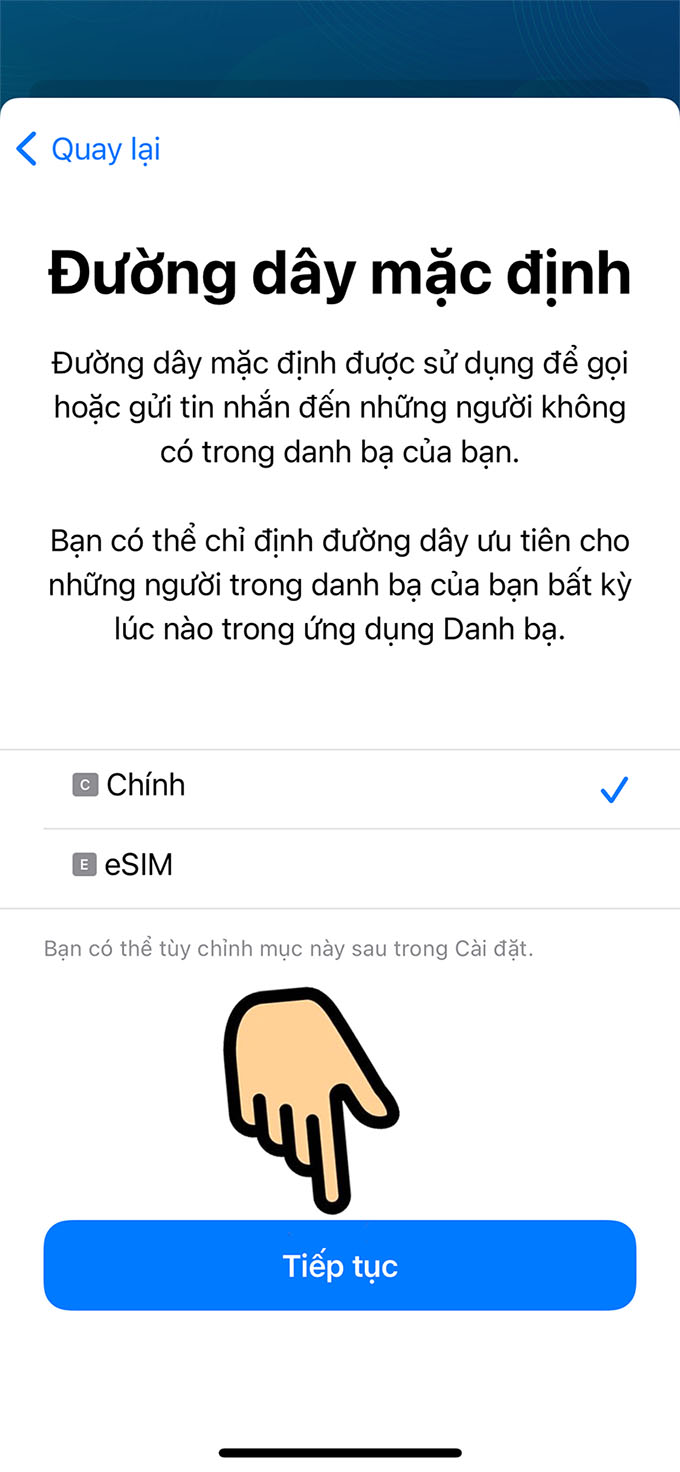 Chọn đường dây mặc định (eSIM hoặc chính) → Tiếp tục