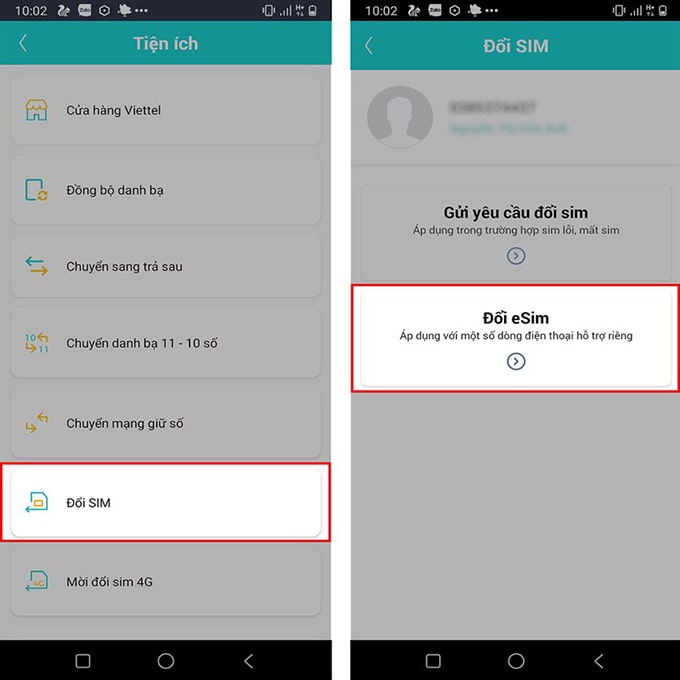 Chọn đổi SIM → Nhấn vào đổi eSIM