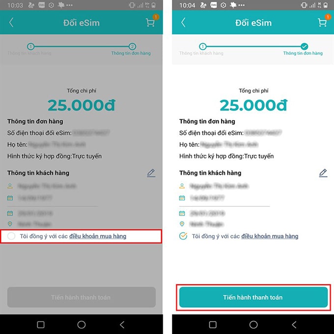  Thanh toán chi phí đổi eSIM Viettel là 25.000đồng/eSIM