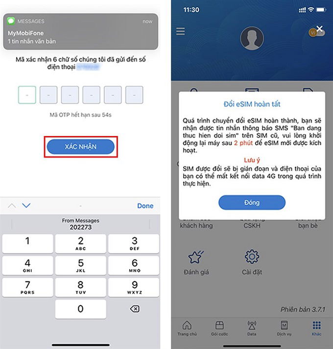 Tin nhắn thông báo kích hoạt eSIM thành công