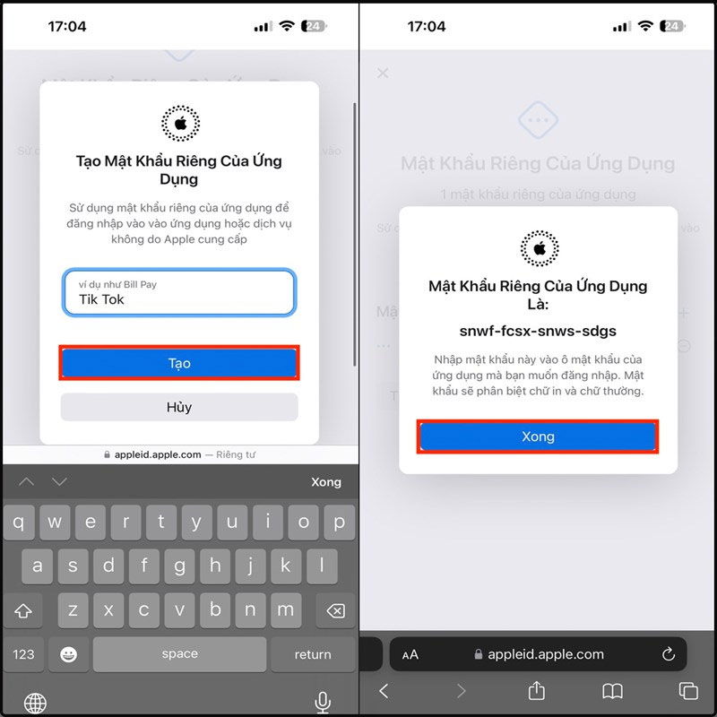 Bước 2 tạo mật khẩu trong ID Apple