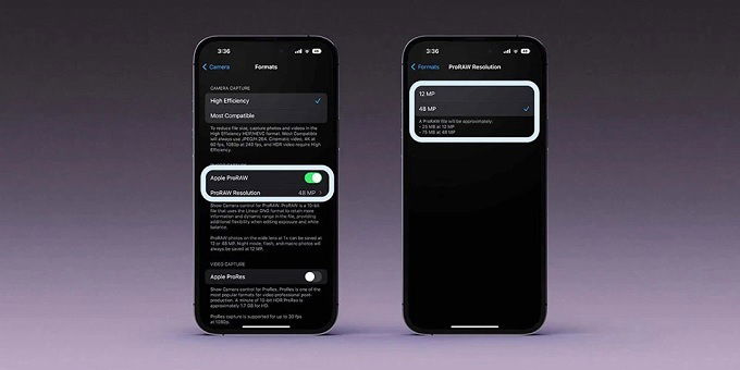 Nhấn gạt thanh điều hướng để kích hoạt Apple ProRAW